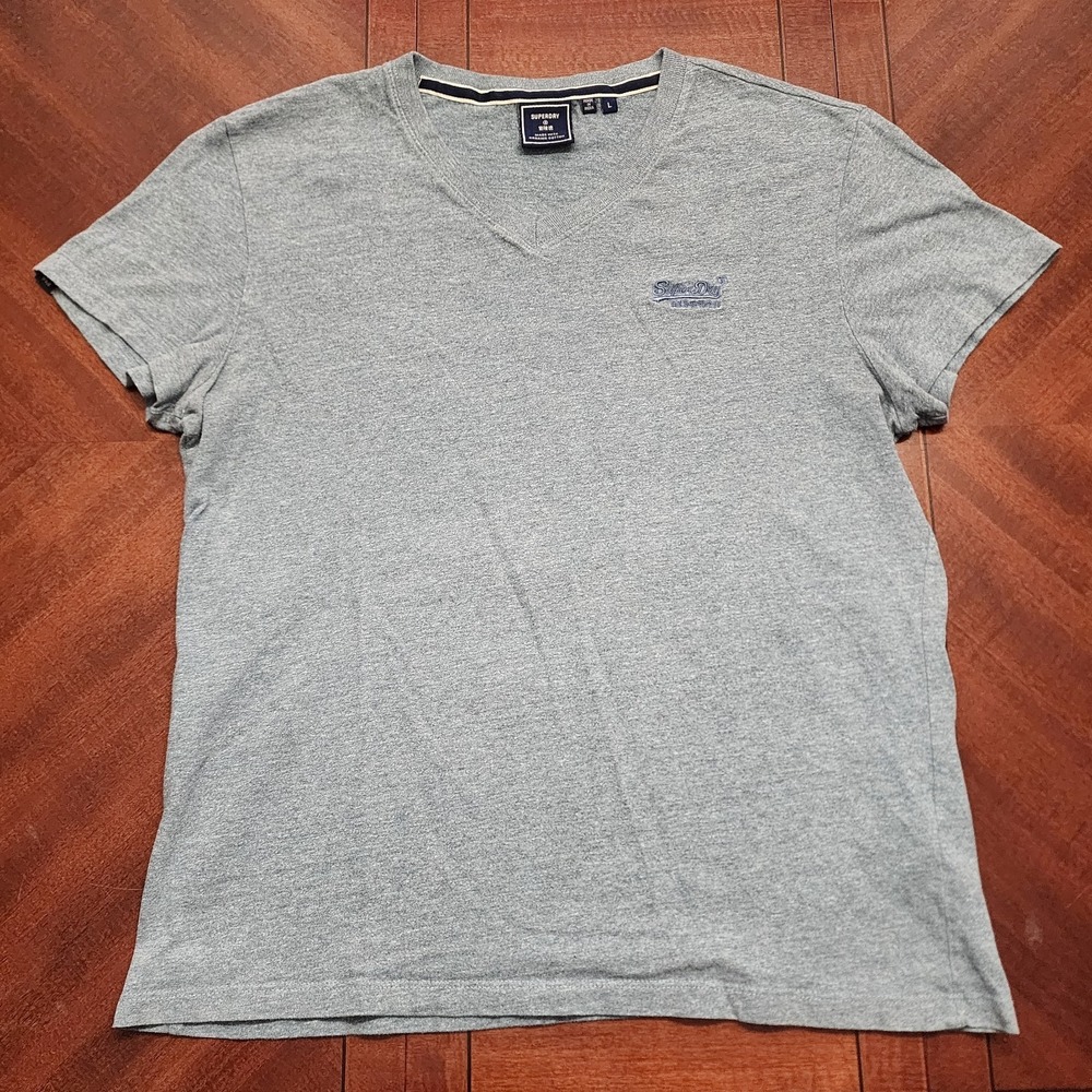 Superdry Shirt Mens Large L Blue V-Neck Organic Cotton Embroidered Script Logo - Picture 1 of 10